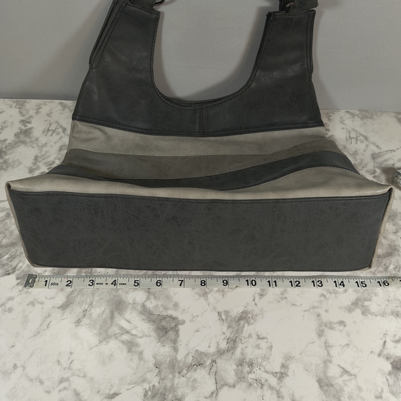Striped Gray Vinyl Silver Stud Accents Shoulder Bag - Picture 6 of 11